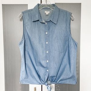 Sleeveless denim button down with tie front